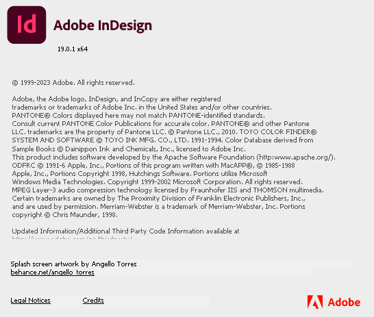 Screenshot of Adobe InDesign splash screen, version 19.0.1 x64, with copyright and trademark information, and a note about third-party code information available at a URL.