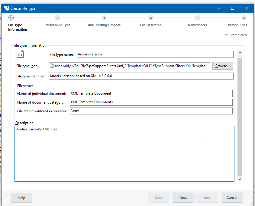 Trados Studio 'Create File Type' window with 'Anders Larsson' as the file type name and other XML file type details.