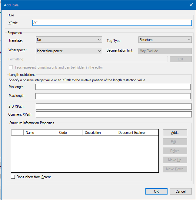 Trados Studio 'Add Rule' window with a default XPath rule that excludes all text from translation.