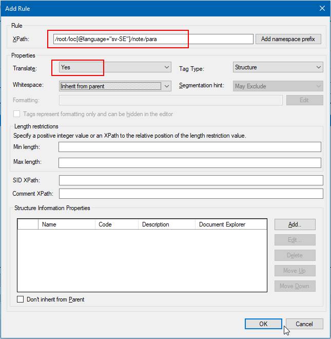 Trados Studio 'Add Rule' window with a custom XPath expression to include specific text for translation.