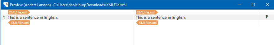 Preview window in Trados Studio showing the English sentence to be translated from the XML file.