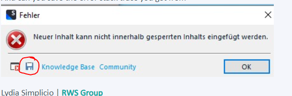 Error message in Trados Studio stating 'Neuer Inhalt kann nicht innerhalb gesperrten Inhalts eingefuegt werden,' which translates to 'New content cannot be inserted within locked content.'