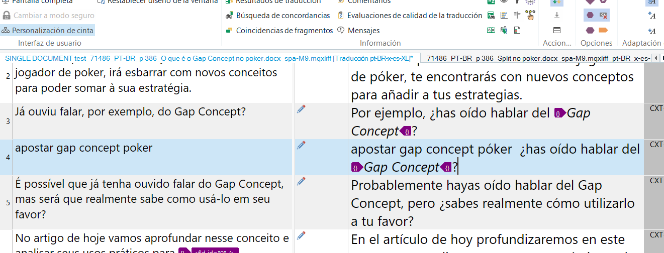 Screenshot of Trados Studio interface showing a document with Portuguese text on the left and Spanish translation on the right. Segment 4 in Portuguese is highlighted with italic formatting not carried over to the Spanish side.