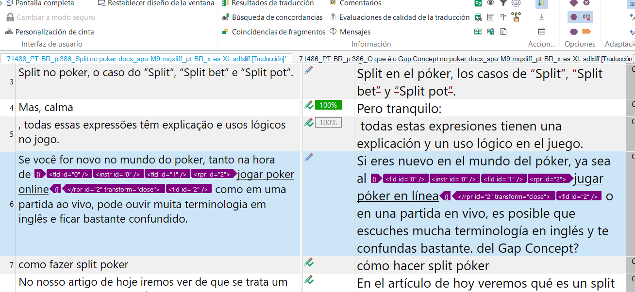 Screenshot of Trados Studio with a Portuguese source text on the left and its Spanish translation on the right. Tags are visible in segment 5 of the source but not in the translation, indicating a potential issue with tag transfer.