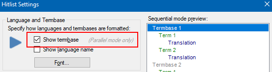 Screenshot of Trados Studio Hitlist Settings dialog with 'Show termbase' option checked and a note '(Parallel mode only)' beside it. 'Show language name' is unchecked. A preview on the right shows 'Termbase 1' with terms and translations.