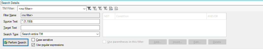 Trados Studio screenshot showing the Search Details panel with no filter applied and a regular expression entered in the Source Text field.