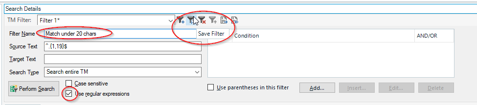 Trados Studio screenshot highlighting the Save Filter button with a filter name 'Match under 20 chars' and a regular expression in the Source Text field.