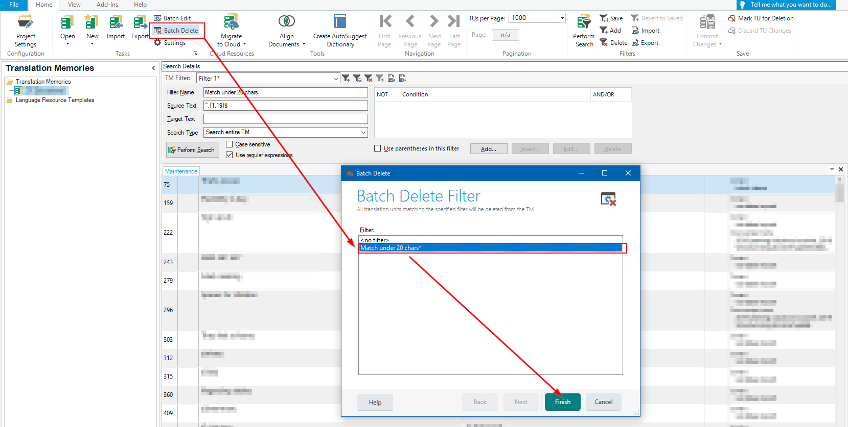 Trados Studio screenshot of the Translation Memories view with a Batch Delete Filter dialog open, showing 'Match under 20 chars' selected as the filter to be applied for batch deletion.