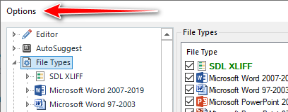 Screenshot of Trados Studio Options menu with an arrow pointing to 'File Types' under the 'Editor' section, showing file types including 'SDL XLIFF' and 'Microsoft Word 2007-2019'.