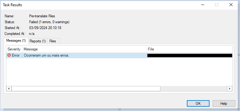 Trados Studio Task Results window showing a pre-translate files task with status 'Failed (1 errors, 0 warnings)'. An error message 'Ocorreram um ou mais erros' is displayed.