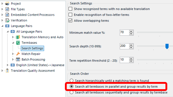 Screenshot of Trados Studio Project Settings showing Termbases and Search Settings with 'Search all termbases in parallel and group results by term' option selected.