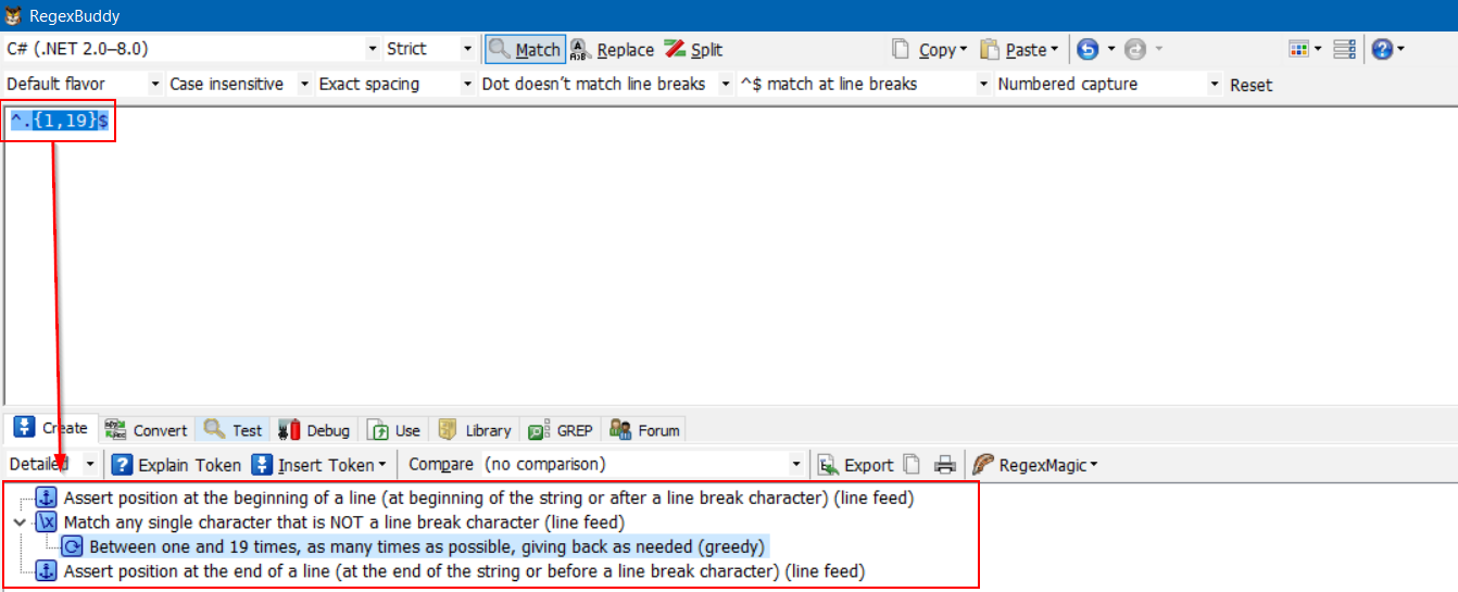 Screenshot of RegexBuddy software with a regular expression pattern highlighted. The pattern is described in the detail pane below, explaining each token's function. The interface includes options for creating, testing, and using regular expressions.