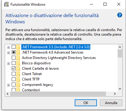 Windows Features dialog showing .NET Framework 3.5 and 4.8 checkboxes, with .NET Framework 3.5 checked and 4.8 unchecked.