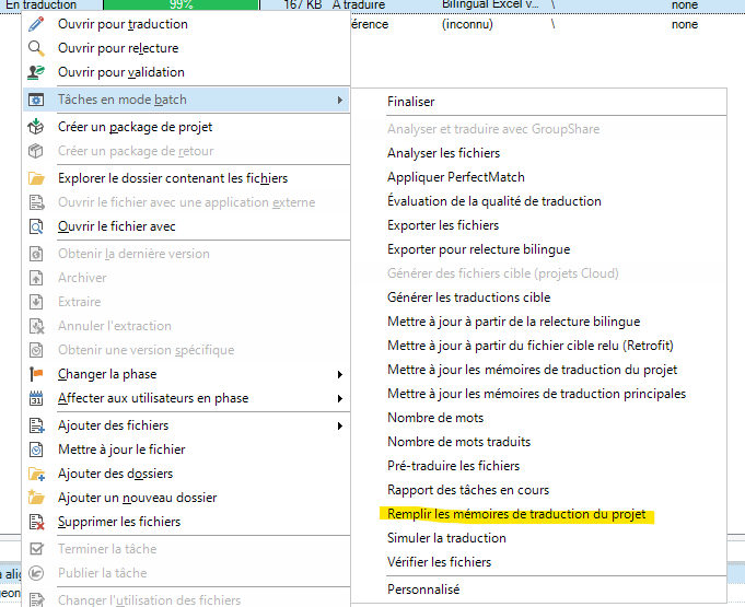 Screenshot of Trados Studio interface with 'Fill up Translation Memories of the project' highlighted in the menu.