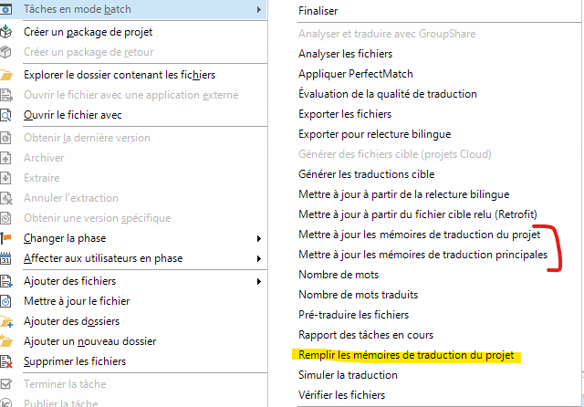 Screenshot of Trados Studio with a list of batch tasks in French, highlighting 'Remplir les memoires de traduction du projet' with a red border indicating selection or focus.