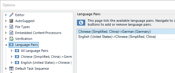 Trados Studio Options dialog showing Language Pairs section with a list including Chinese (Simplified, China) to German (Germany) and English (United States) to Chinese (Simplified, China).