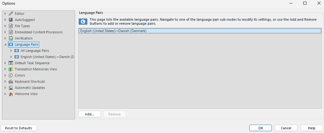 Trados Studio Options window showing Language Pairs section with one pair: English (United States) to Danish (Denmark).