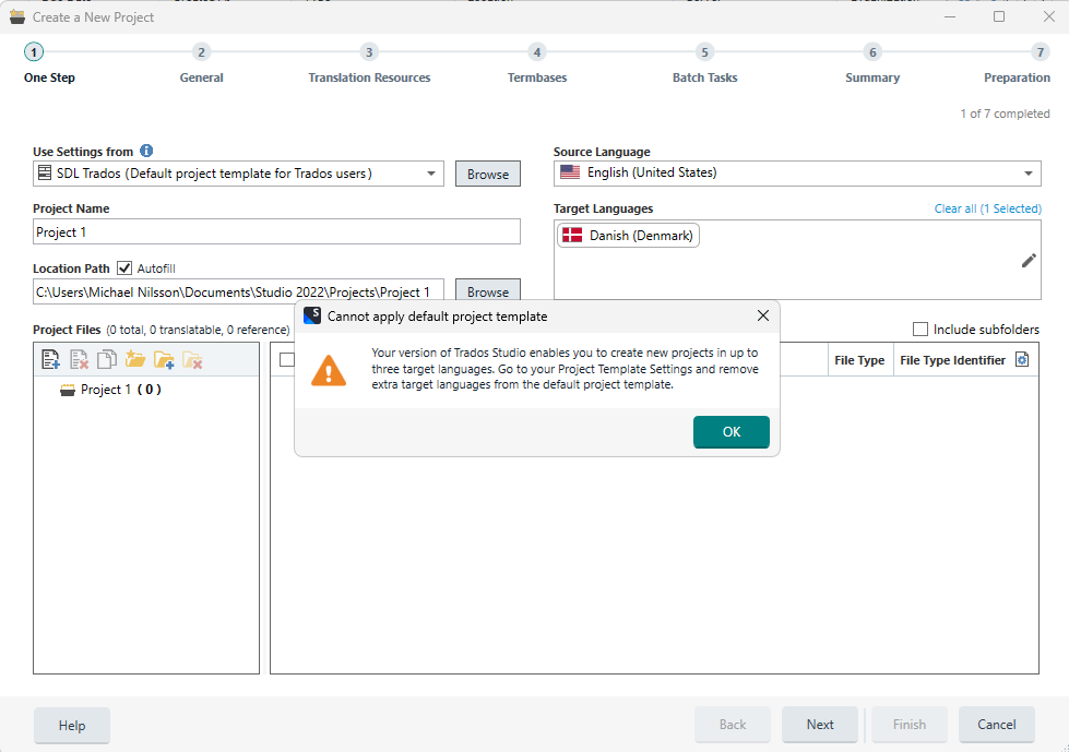 Error message in Trados Studio 2022 'Create a New Project' window stating 'Cannot apply default project template' with additional instructions.