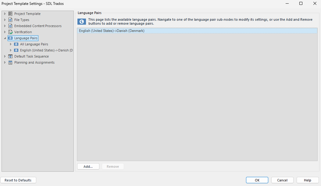 Screenshot of Trados Studio Project Template Settings window showing Language Pairs section with English (United States) to Danish (Denmark) language pair.