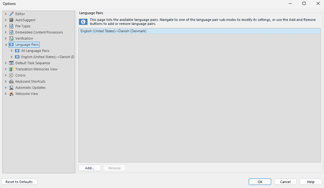 Screenshot of Trados Studio Options window showing Language Pairs section with English (United States) to Danish (Denmark) language pair.