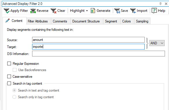Screenshot of Trados Studio's Advanced Display Filter 2.0 with options to apply filter, reverse, clear, and more. 'amount' is typed in the Source field, 'importe' in the Target field.