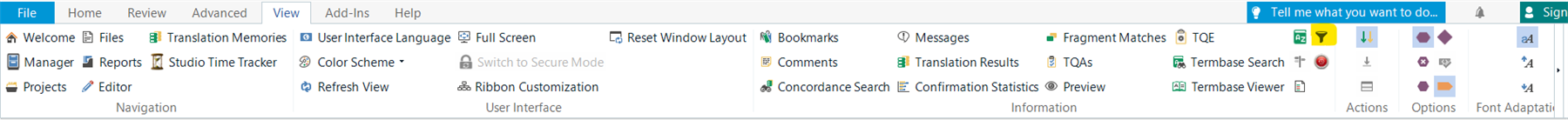 Screenshot of Trados Studio interface showing the top menu with tabs like File, Home, Review, Advanced, and View highlighted.