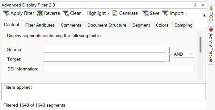 Screenshot of the Advanced Display Filter 2.0 in Trados Studio with options to Apply Filter, Reverse, Clear, and Highlight. No filters are currently applied.