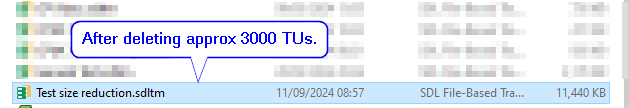 Screenshot with a callout saying 'After deleting approx 3000 TUs.' pointing to the same file with unchanged file size of 11,440 KB and a new timestamp of 11092024 08:57.