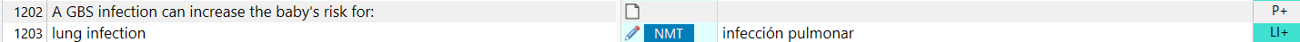 Screenshot of Trados Studio interface showing two segments, 1202 and 1203, with source text in English and target text in Spanish. Segment 1202 is translated, while 1203 is not, despite the NMT suggestion visible.