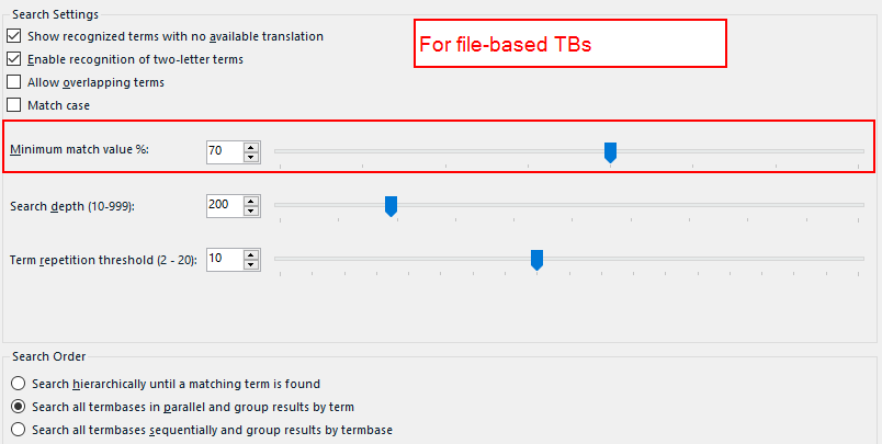 Screenshot of Trados Studio's Search Settings with 'For file-based TBs' note, showing options like 'Show recognized terms with no available translation' and sliders for 'Minimum match value %', 'Search depth', and 'Term repetition threshold'.
