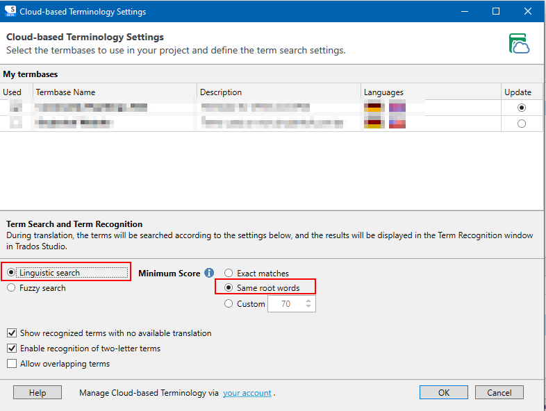 Screenshot of Trados Studio's Cloud-based Terminology Settings with 'Linguistic search' selected, showing options for 'Minimum Score' with 'Same root words' selected and checkboxes for additional term recognition settings.