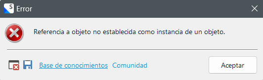 Error dialog box in Trados Studio with a red 'X' icon, displaying a message in Spanish that translates to 'Reference to an object not set as an instance of an object.' with options for Knowledge Base and Community.