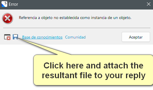 Error dialog box in Trados Studio with a message in Spanish indicating a reference to an object not set as an instance of an object, with a tooltip suggesting to click and attach the resultant file to a reply.