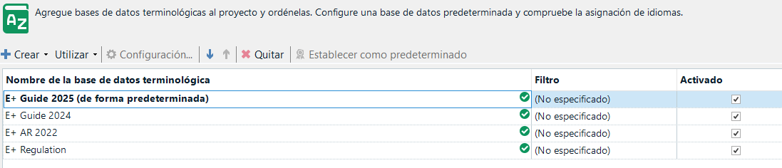 Trados Studio screenshot showing a list of termbases with names E+ Guide 2025 (set as default), E+ Guide 2024, E+ AR 2022, and E+ Regulation. All have filters marked as 'Not specified' and only the default termbase is activated.