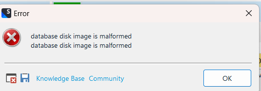 Error dialog box with message 'database disk image is malformed' repeated twice, with OK button and links to Knowledge Base and Community.