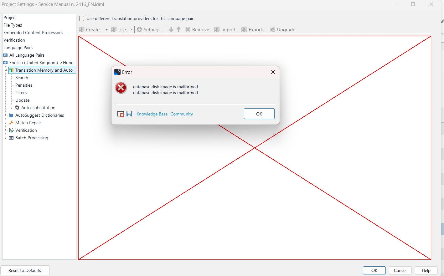 Trados Studio Project Settings window with an error dialog box in front displaying 'database disk image is malformed' with an OK button.
