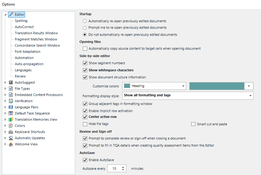 Trados Studio Options dialog with Editor settings showing checkboxes for segment numbers, whitespace characters, and document structure information.