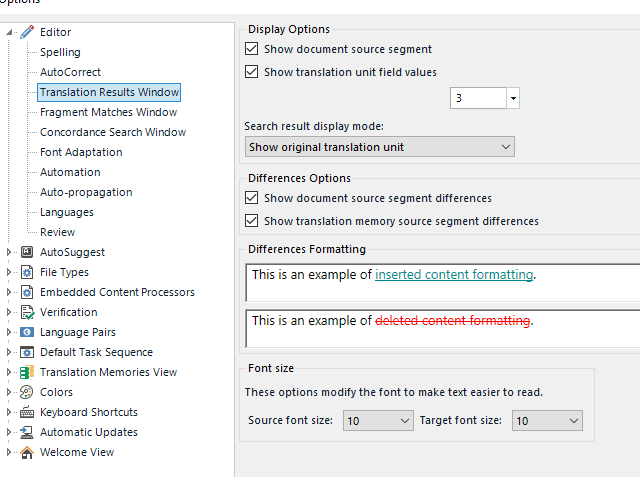 Trados Studio Options dialog with Translation Results Window settings, highlighting inserted and deleted content formatting examples.