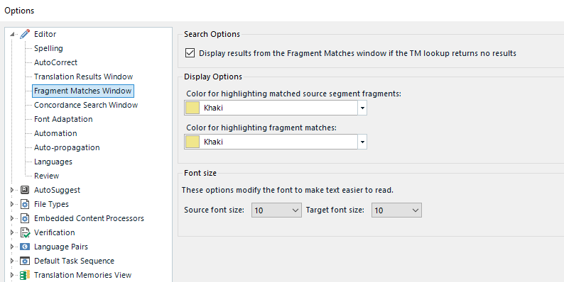 Trados Studio Options dialog with Fragment Matches Window settings, showing color selection for highlighting matched source segment fragments and fragment matches.