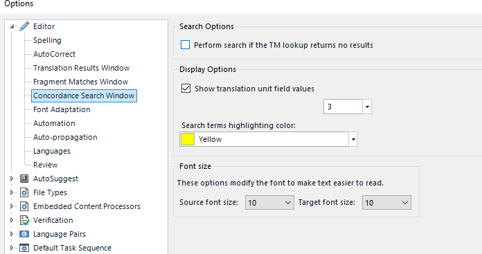 Trados Studio Options dialog with Concordance Search Window settings, showing search term highlighting color set to yellow.