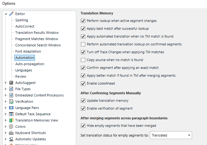 Trados Studio Options dialog with Translation Memories View settings, checkboxes for translation memory options are checked.