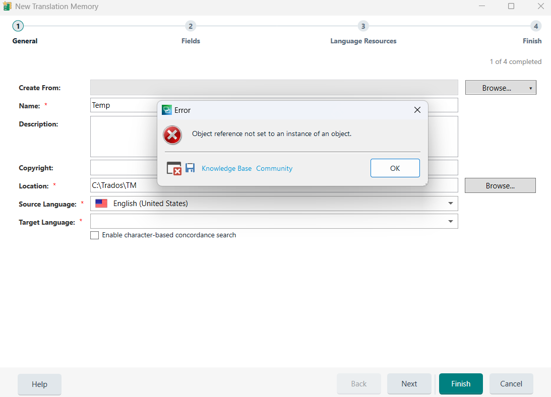 Trados Studio error dialog box over New Translation Memory setup screen with message 'Object reference not set to an instance of an object.'
