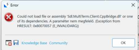 Error dialog box in Trados Studio with a red cross icon, stating 'Could not load file or assembly 'Sdl.MultiTerm.Client.CppBridge.dll' or one of its dependencies. A parameter nem megfelelo. (Exception from HRESULT: 0x80070057 (E_INVALIDARG))'. Buttons for Knowledge Base and Community are visible.