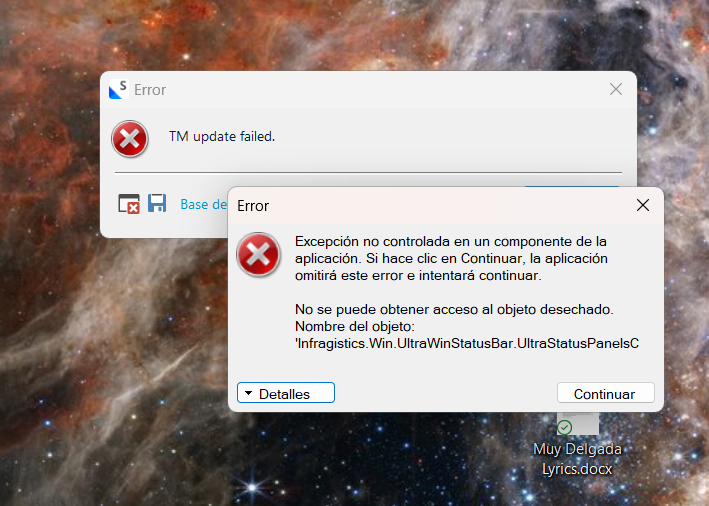 Error dialog box with message 'TM update failed.'