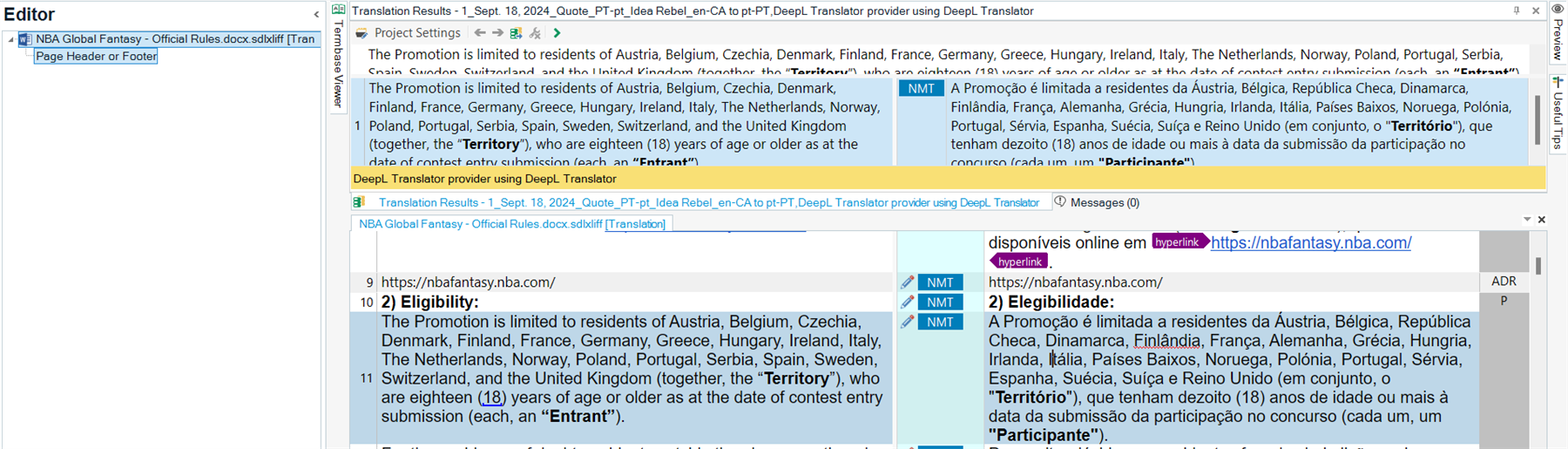 Trados Studio screenshot of the translation results without any visible errors, displaying a segment translated from English to Portuguese.