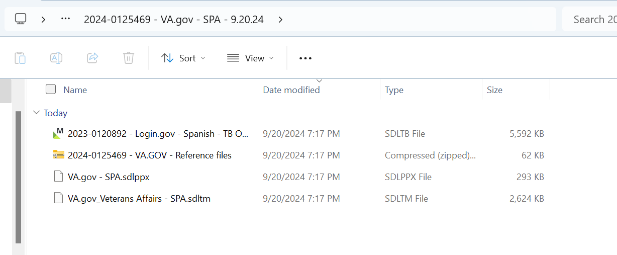 Screenshot of a Windows file explorer window showing a folder named '2024-0125469 - VA.gov - SPA - 9.20.24' with files related to Trados Studio, including SDLTB, compressed reference files, SDLPPX, and SDLTM file types.