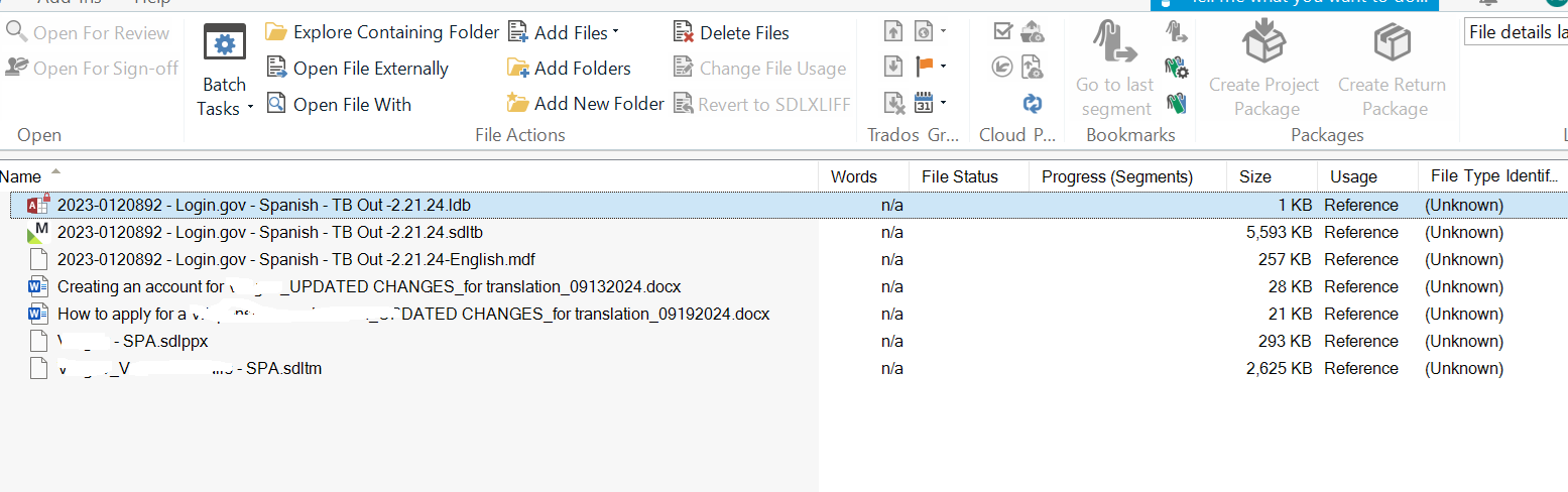 Screenshot of Trados Studio's file view with a list of files including .ldb, .sdlproj, .mdf, and .docx formats. All files are marked as 'Reference' with 'na' in the 'Words' and 'Progress (Segments)' columns, indicating no translation progress.