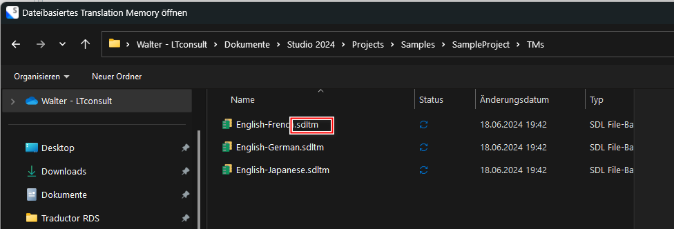 Windows Explorer window showing three .sdlTM files: English-French, English-German, and English-Japanese in the TM folder.