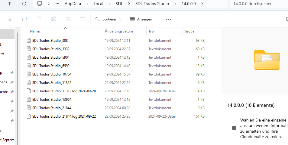 File Explorer window showing contents of SDL Trados Studio 14.0.0.0 directory. Files listed include various 'SDL Trados Studio' text documents with different numerical suffixes and modification dates. No file named 'TranslationMemoryRepository.xml' is visible. A message in German at the bottom suggests selecting an item to share and get more information.