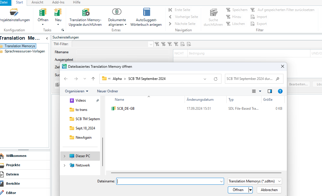 Screenshot of Trados Studio with a Translation Memory dialog box open. The dialog shows a file named 'SCB_DE-GB' with a last modified date of 17.09.2024 and size 0 KB, indicating an empty or possibly corrupted file.